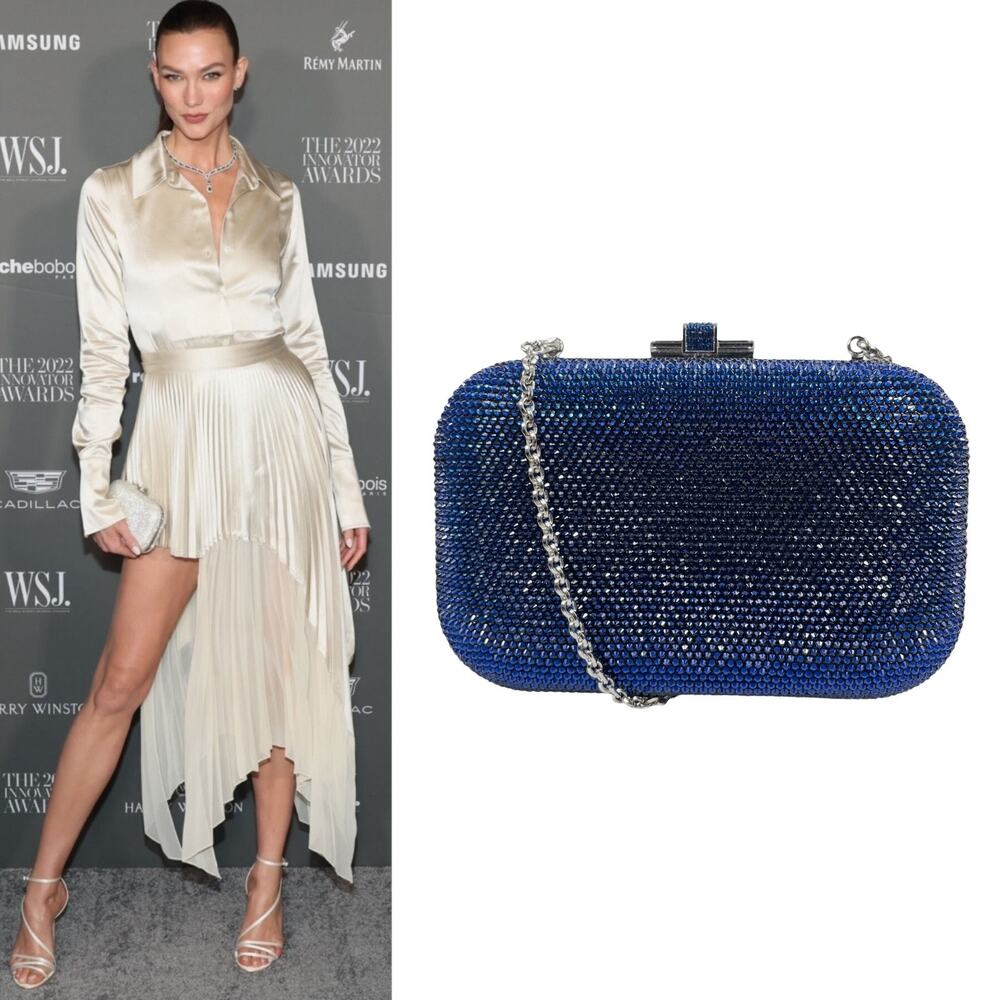 Judith Leiber Crystal Slide Lock Box Minaudiere Clutch Bag Navy Silver